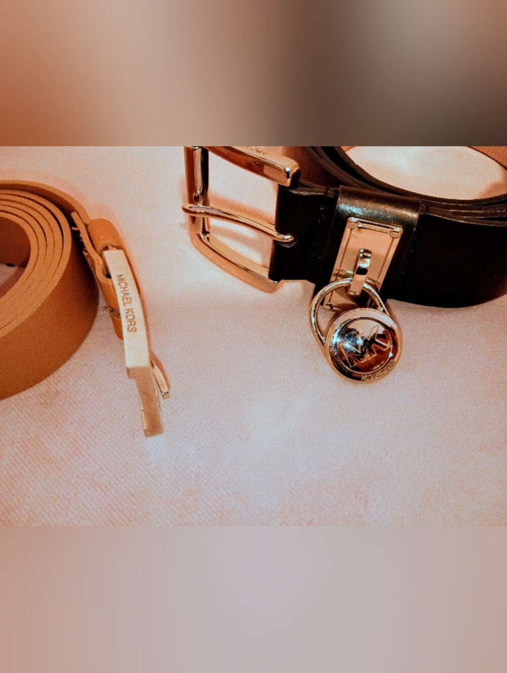 Michael Kors Black Leather Belt with Gold-Tone MK Charm